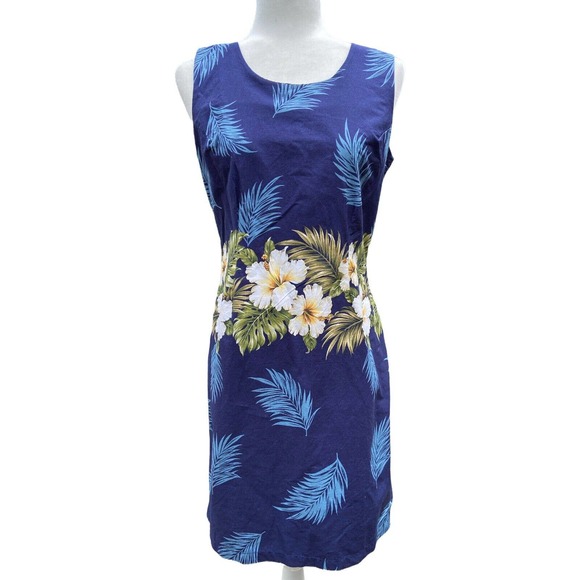 KYs Hawaiian Hibiscus Flowers Palm Leaves Shift Dress Blue Large - Picture 1 of 6